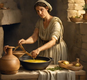 Mujer griega cocinando con aceite de oliva Mujer griega cocinando con aceite de oliva