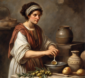 Mujer romana cocinando con aceite de oliva Mujer romana cocinando con aceite de oliva